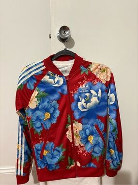 adidas Red Floral Track Jacket with Blue Blooms